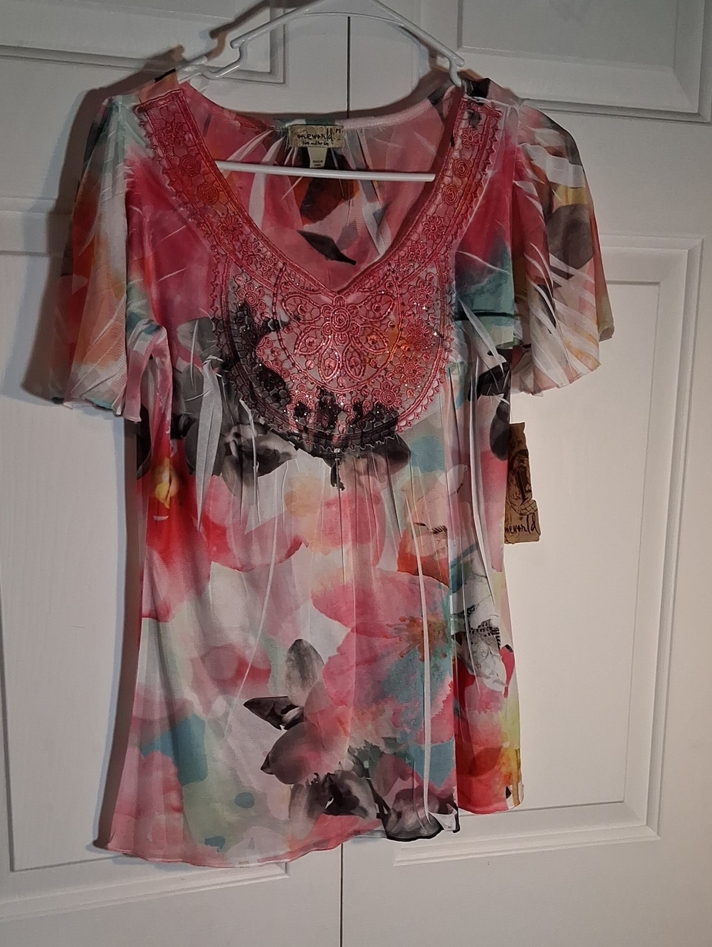 ONE WORLD Pink Multicolor Floral Embellished V-Neck Tunic